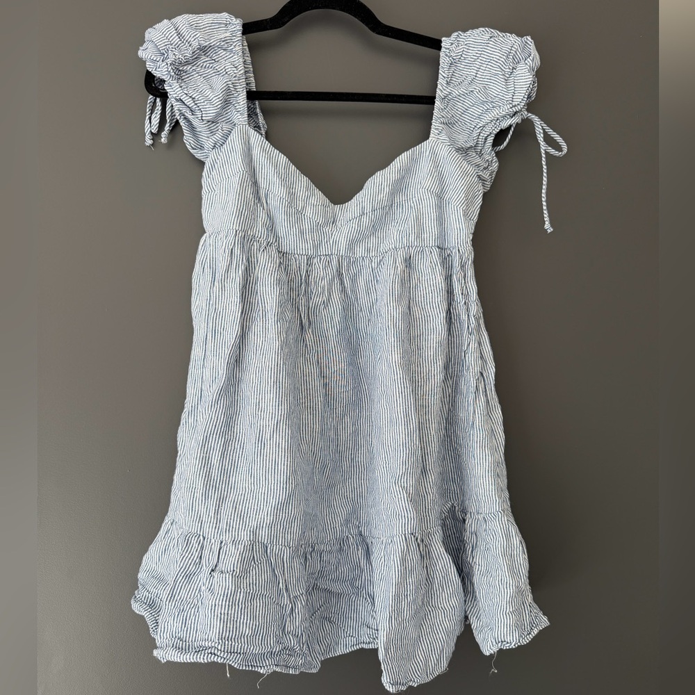 Nati Blue and White Striped Ruffle Mini Dress